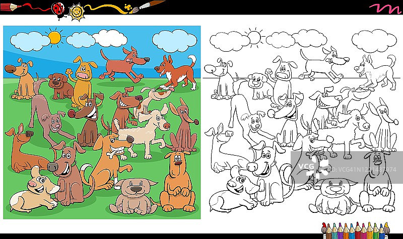 小狗和狗角色涂色书页图片素材