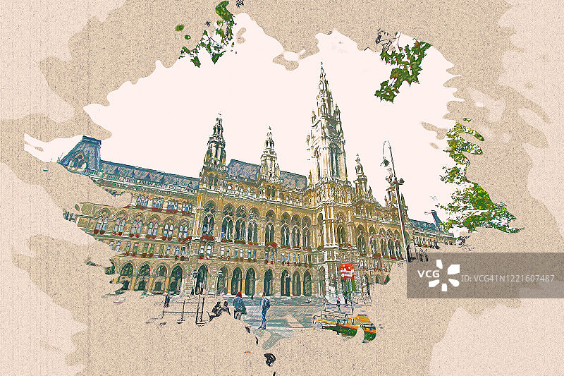 奥地利维也纳市政厅的彩色铅笔画图片素材