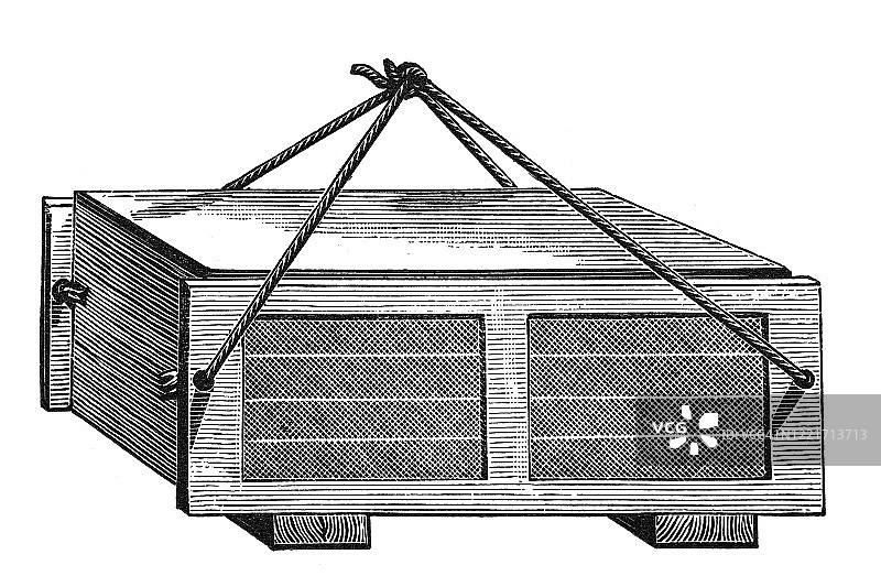 水产养殖：用于在深水中孵化粘性鱼卵的箱子。古董插画，1894年出版的流行百科全书。该艺术品的版权已过期图片素材