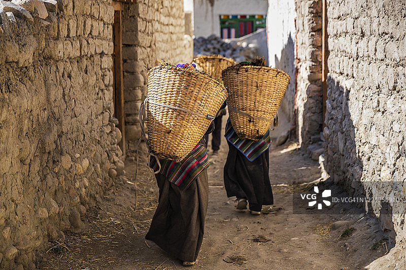 在尼泊尔上木斯塘，藏族妇女们 carrying 牦牛粪的篮子图片素材
