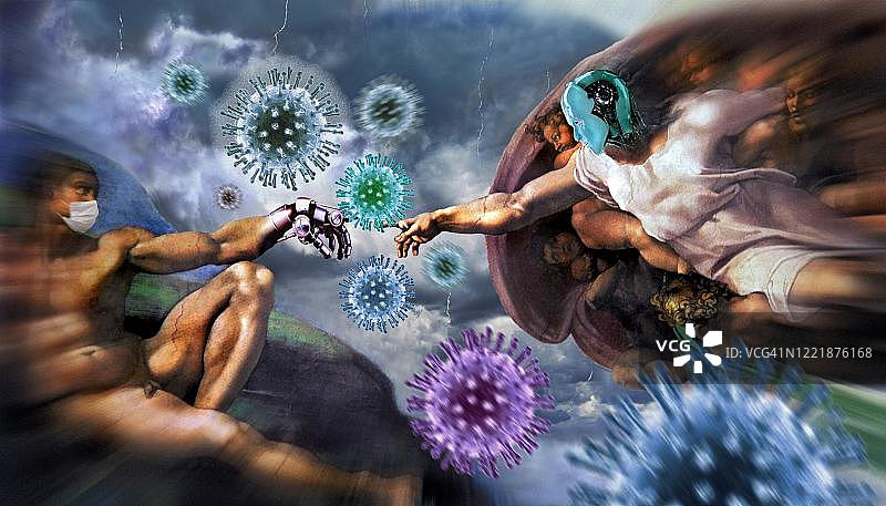 照片蒙太奇：机器人手与头部，德国图片素材