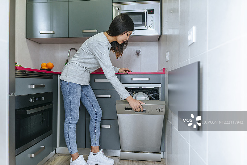 年轻女子打开洗碗机图片素材