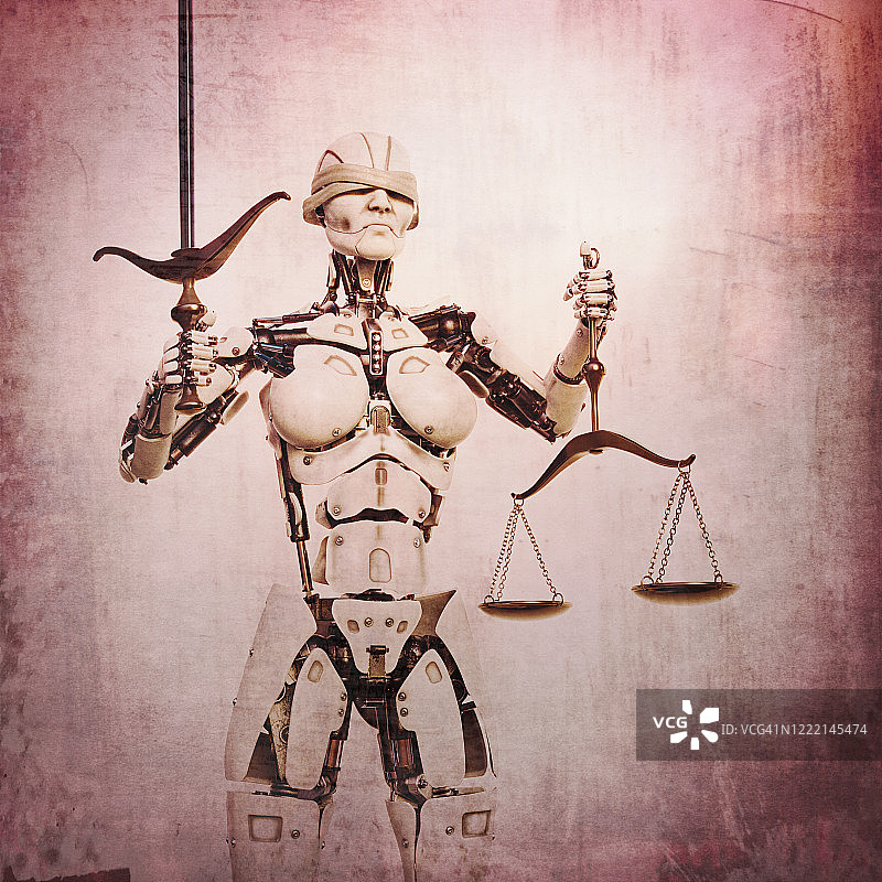 AI正义：赛博格手持剑和天平图片素材