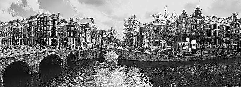 阿姆斯特丹运河黑白全景照片图片素材