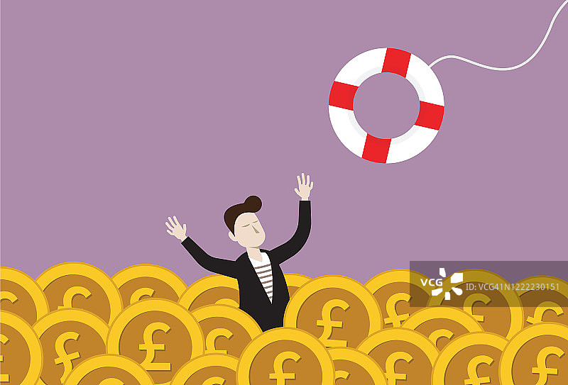 商人沉没在大量英镑硬币中图片素材