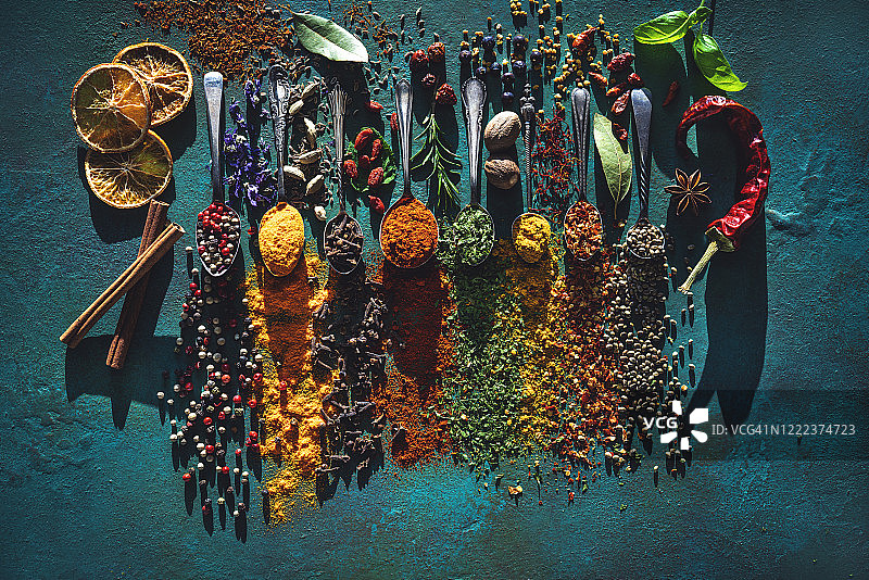 复古勺子上的香料调味品图片素材