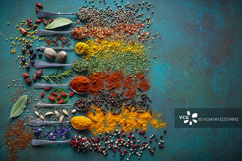 复古勺子上的香料调味品图片素材