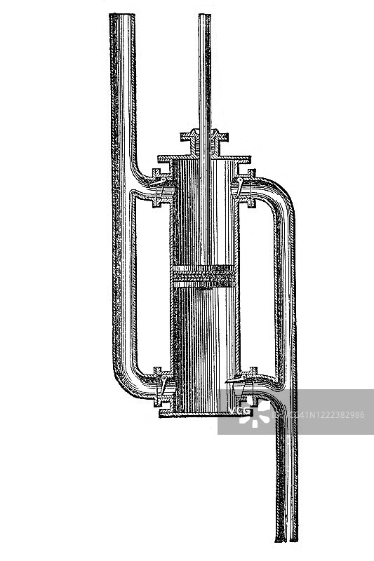 液压泵古老雕刻插图，双作用泵，1894年出版的普及百科全书图片素材