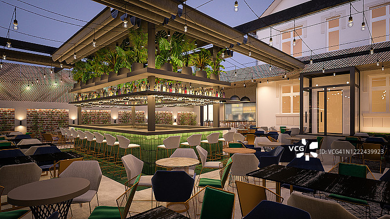 咖啡馆餐厅户外用餐区3D渲染图图片素材