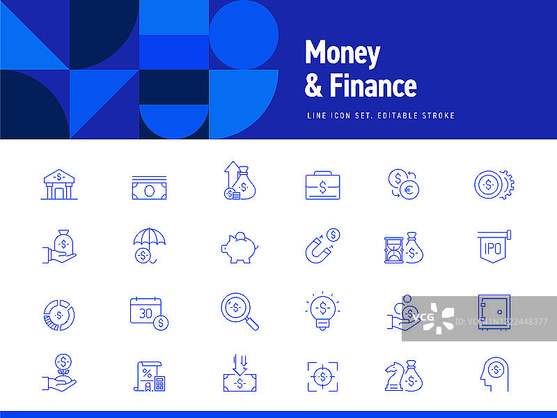 与金钱和金融相关的线性图标集，可编辑描边，简约轮廓图标图片素材