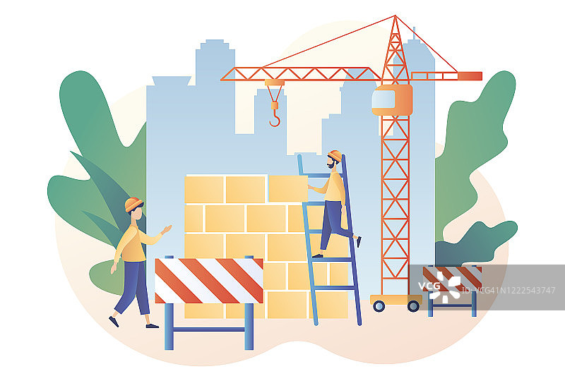 房屋建造与维修概念：建筑工人使用专业工具，扁平风格矢量图图片素材