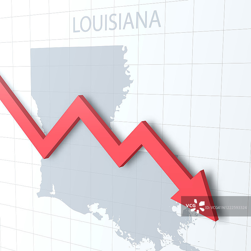 红色下跌箭头与路易斯安那州地图背景图片素材