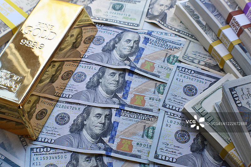 高品质现金和金条特写图片素材