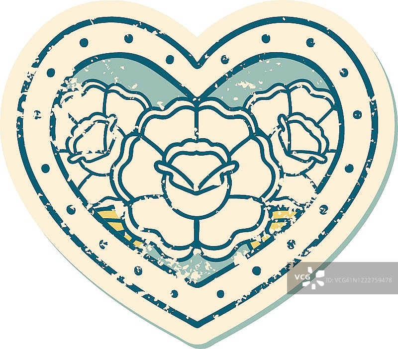 心形与鲜花复古纹身风格图标图片素材