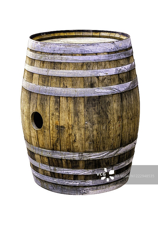 白色背景上带钢圈的香槟、葡萄酒、威士忌、朗姆酒、啤酒木桶图片素材