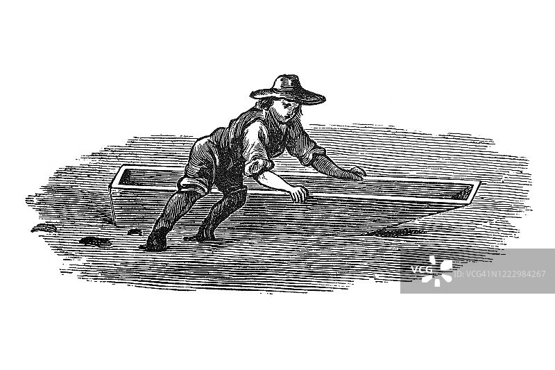 水产养殖，鱼类养殖 - 贻贝渔民与他的独木舟。古董插图，1894年出版的流行百科全书。该艺术品的版权已过期图片素材
