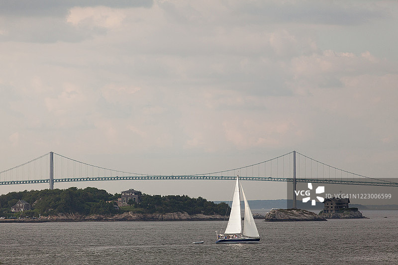 以纽波特大桥为背景的帆船图片素材