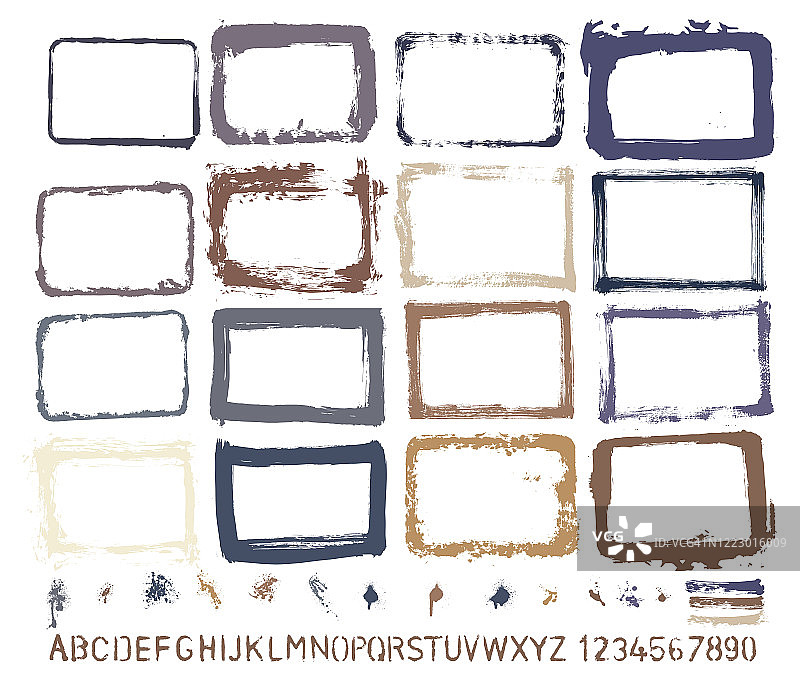 平面设计素材：纹理、手绘边框、油漆飞溅、笔触、自制模版字母，含高分辨率图像和矢量文件图片素材