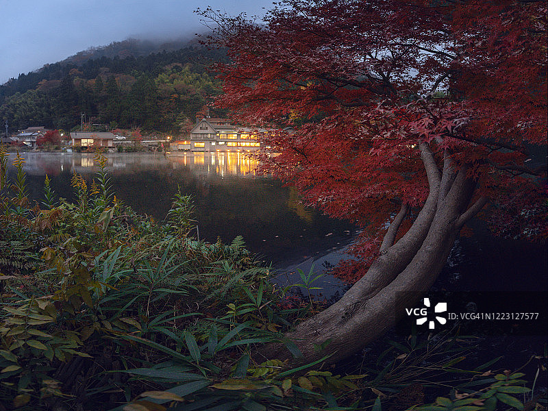 日本九州大分县由布院镇金麟湖日落景色，2019年11月22日图片素材