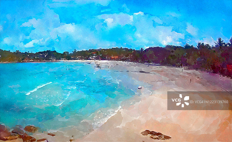 阳光明媚的热带海滩水彩画图片素材