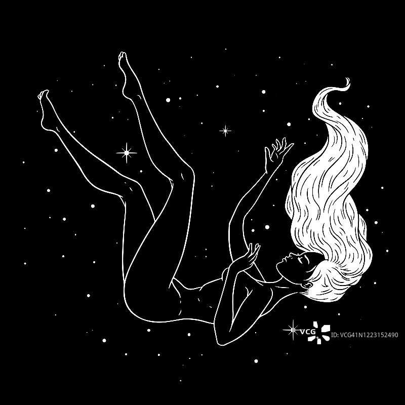 漂浮在太空中的女孩，星空背景，神秘主题矢量插画图片素材