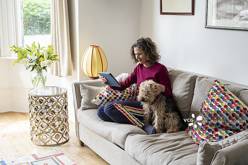 女人在家和狗一起在沙发上放松地阅读数字平板电脑图片素材