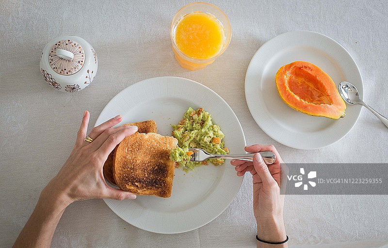 健康早餐：木瓜、吐司、牛油果酱和橙汁图片素材