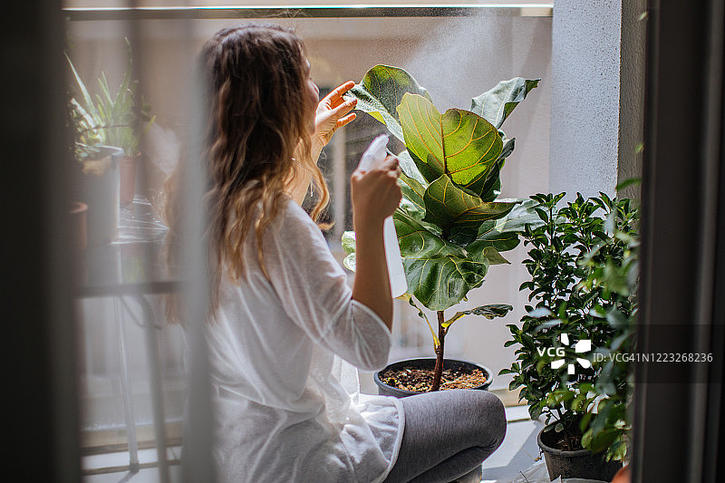 可爱的家庭主妇在花盆和园艺设置花图片素材