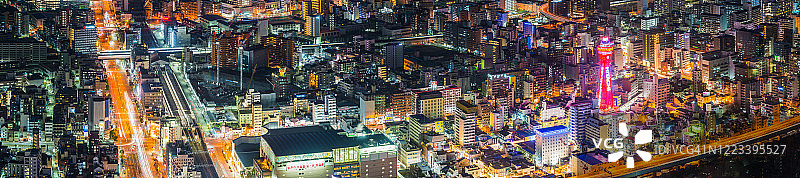 大阪霓虹夜景全景：通天阁新世界城市风光，日本图片素材