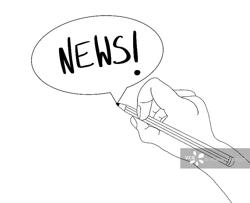 手握铅笔绘制带有NEWS字样的语音气泡图片素材