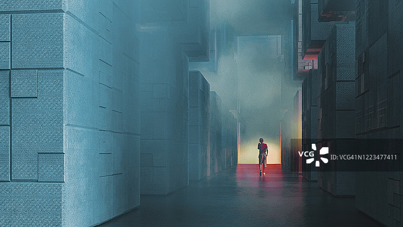 在未来主义混凝土城市里行走着的女人图片素材
