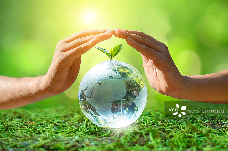 呵护地球：绿色散景背景下的双手图片素材