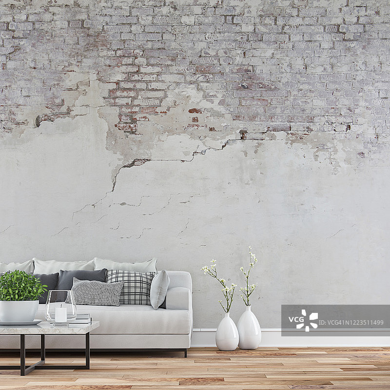 空旷的客厅，配有白色沙发、桌子和装饰品图片素材