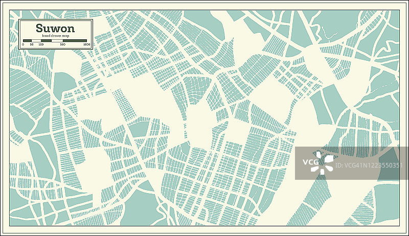 韩国水原市复古风格地图轮廓图片素材