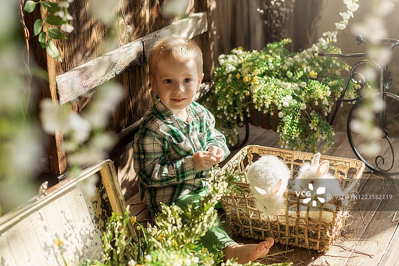 和兔子、小鸭、小鸡玩耍的儿童图片素材