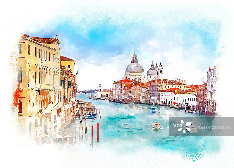 意大利威尼斯大运河学院桥水彩画图片素材