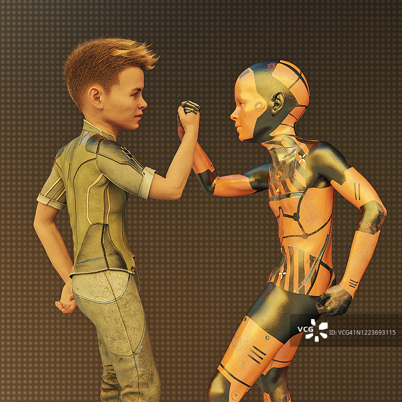 未来主义男孩和机器人朋友图片素材