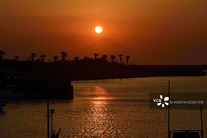 富士山日落：神奈川县三浦半岛景观图片素材