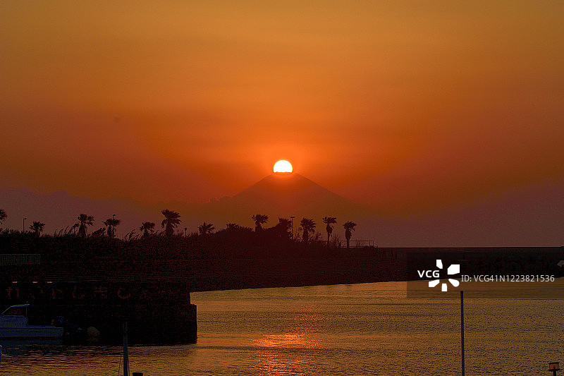 富士山日落：神奈川县三浦半岛景观图片素材