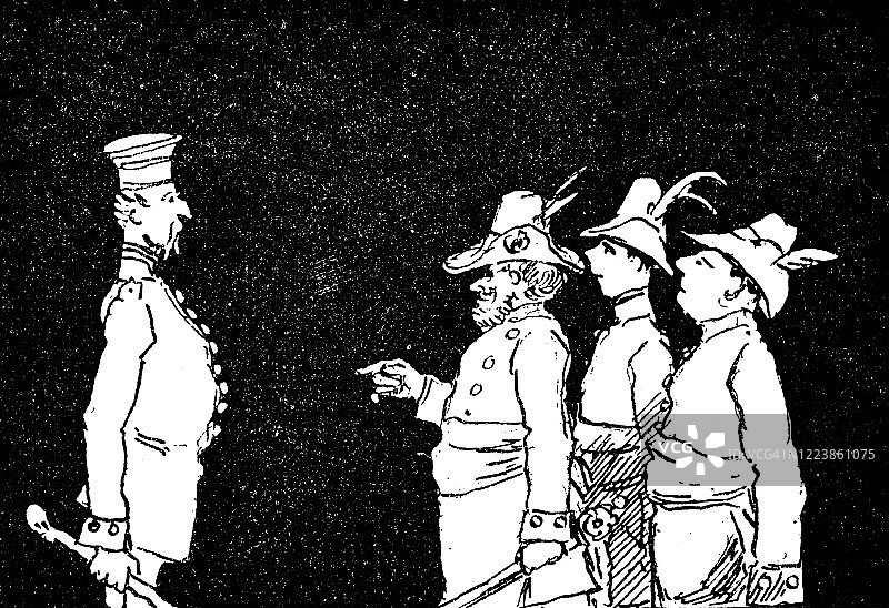 三个猎人遇到一名士兵图片素材