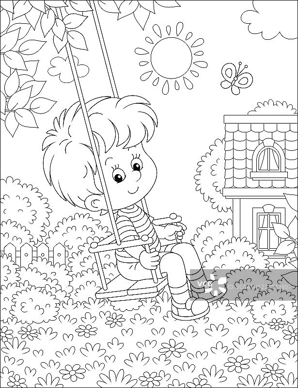 男孩在避暑别墅的院子里荡秋千图片素材