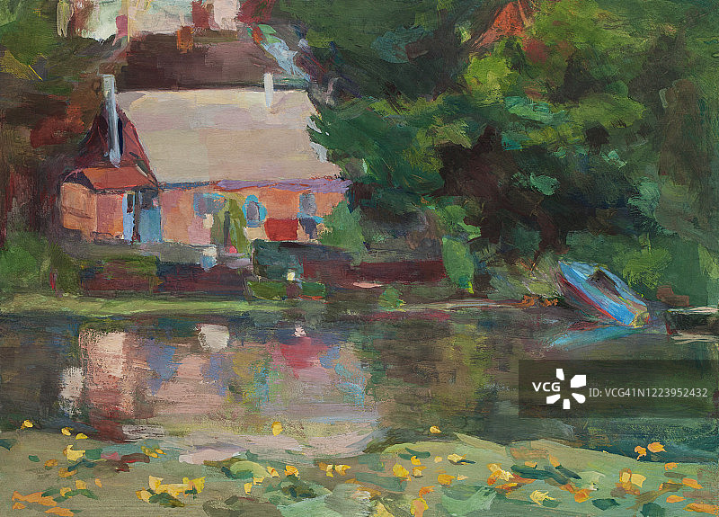 夏季风景油画：河边住宅和睡莲图片素材
