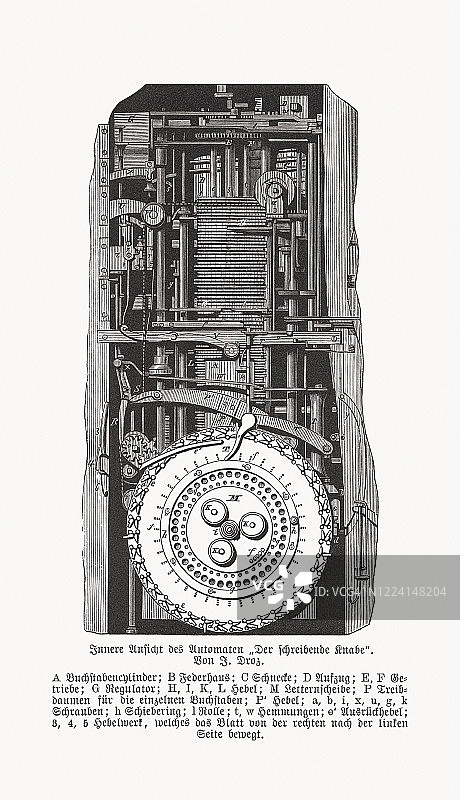 皮埃尔·雅凯-德罗的自动装置作品《书写男孩》，1893年出版的木刻版画图片素材
