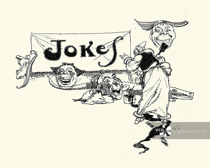 维多利亚时代19世纪带着笑话横幅的马戏团小丑图片素材