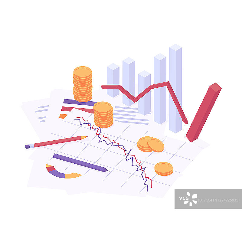 经济危机2.5D矢量插图：商业和金融分析图，呈下降趋势图片素材