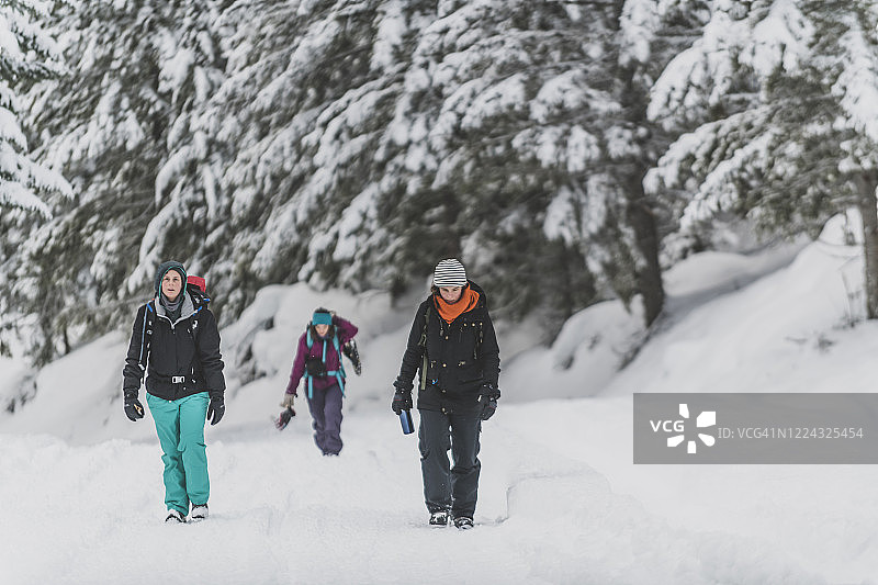 三人在曼宁公园雪地中走向镜头图片素材
