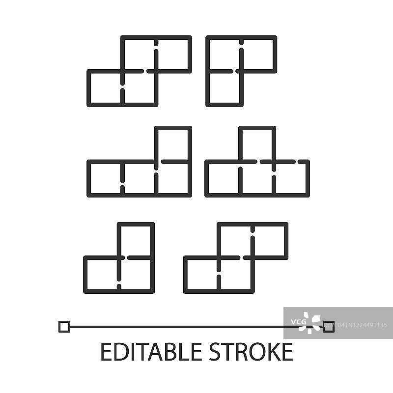 瓷砖拼图线性图标：瓷砖匹配游戏，方块排列，独创性智力测试，脑筋急转弯细线插图，轮廓符号矢量孤立轮廓图，可编辑笔画图片素材