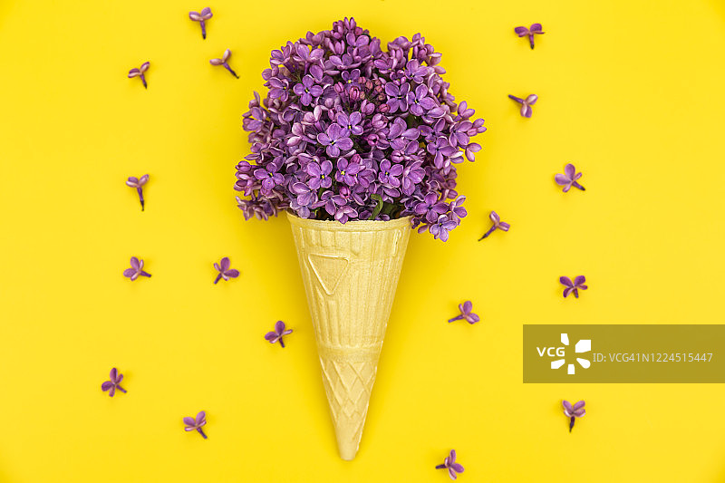黄色背景上的丁香花冰淇淋甜筒图片素材