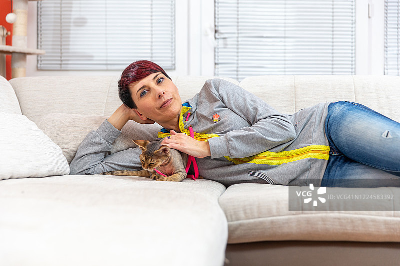 晚上，女子和德文雷克斯猫咪放松身心图片素材