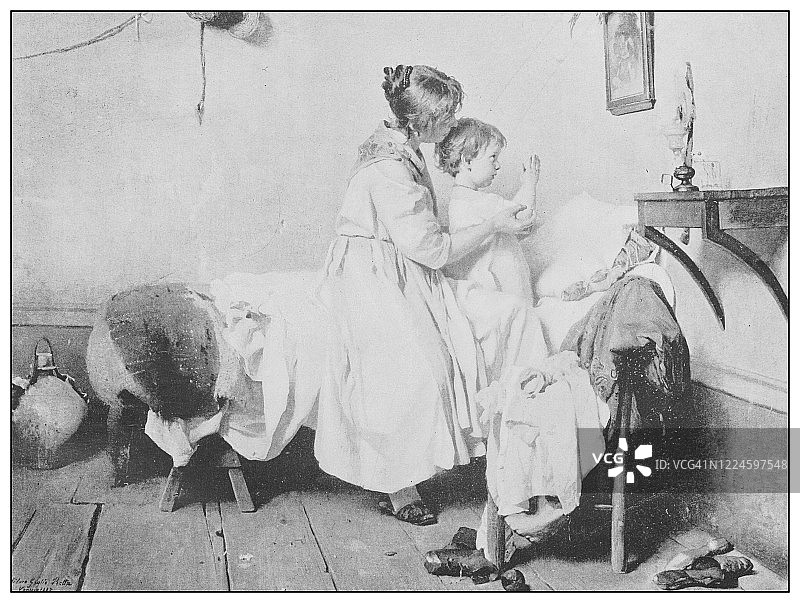 19世纪著名古董画作：西尔维奥·罗塔的《第一次祈祷》图片素材